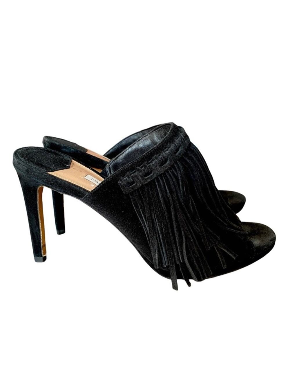 DVF Diane Von Furstenberg Langley Black Suede Fringe High Heel Mules size 8